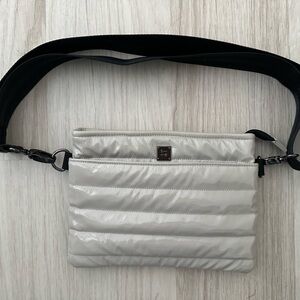 THINK ROYLN Quilted Puffer Crossbody in Light Gray with Black Strap
